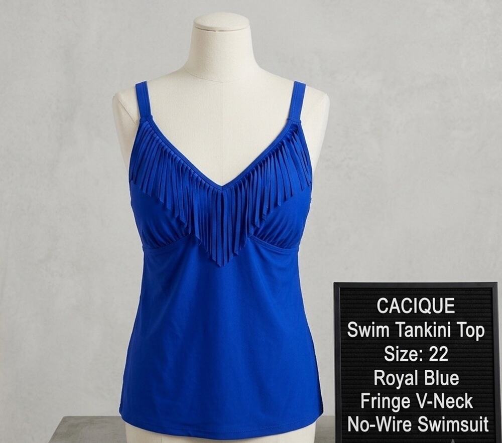 Cacique Swim Tankini Top 22 Royal Blue Fringe V-Neck No-Wire Swimsuit Plus Size